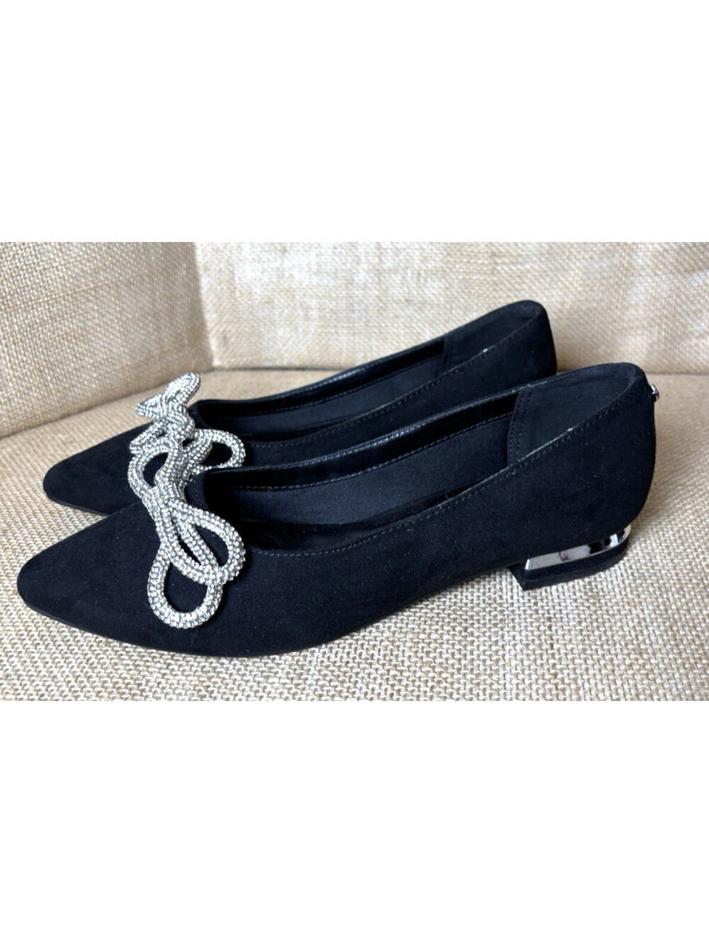 Jones New York Quinnie Faux Suede Slip-On Flats Black Rhinestone Bow US 8M